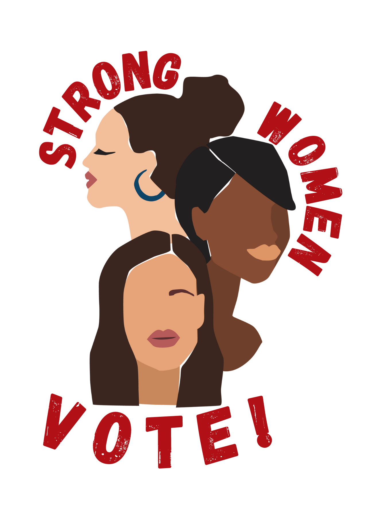 Illustrated women’s faces ordered in a triangle with phrase “strong women vote”